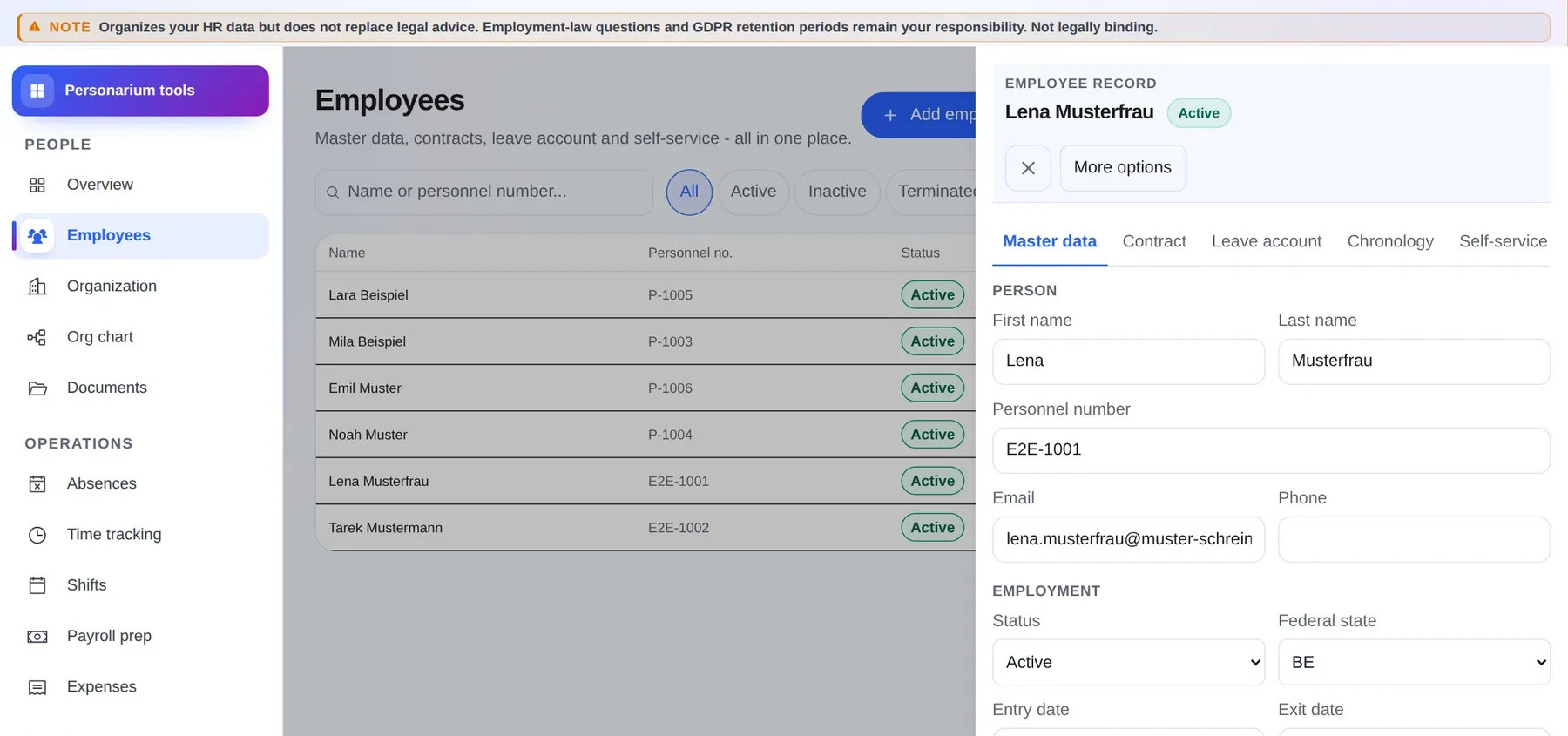 Personarium: editing an employee record in the actual application, with synthetic sample data