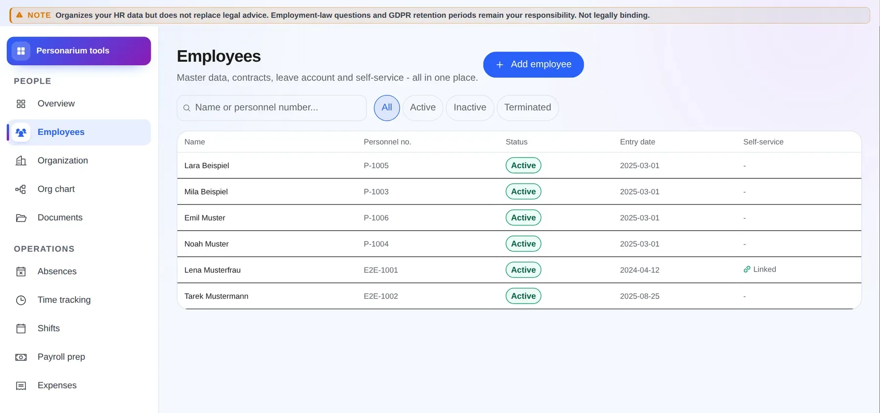 Personarium: employee list in the actual application, with synthetic sample data
