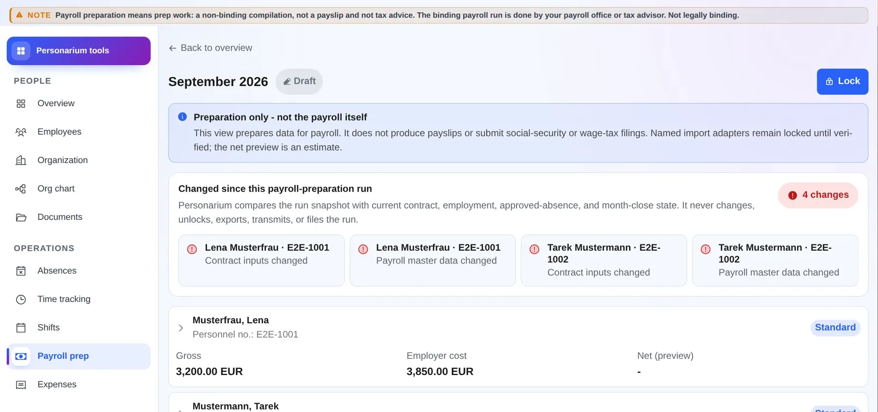 Personarium: payroll preparation in the actual application, with synthetic sample data