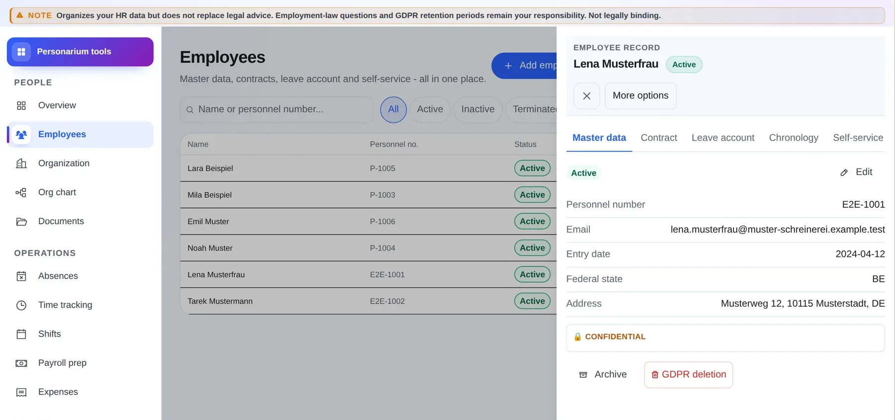 Personarium: an employee record in the actual application, with synthetic sample data